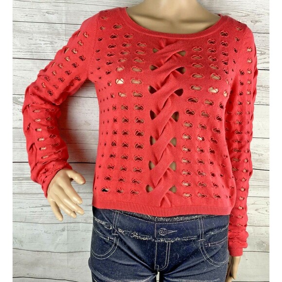 Rock & Republic Knit Top Small Melon Pink Braided Open Knit Distressed Cropped - Picture 1 of 12